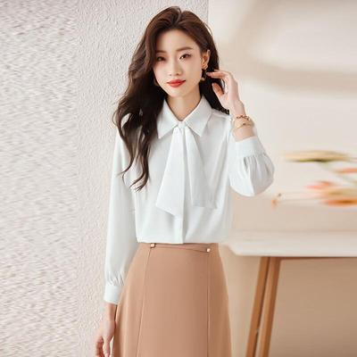 Troloman Women's Elegant Bow Tie Long Sleeve Blouse