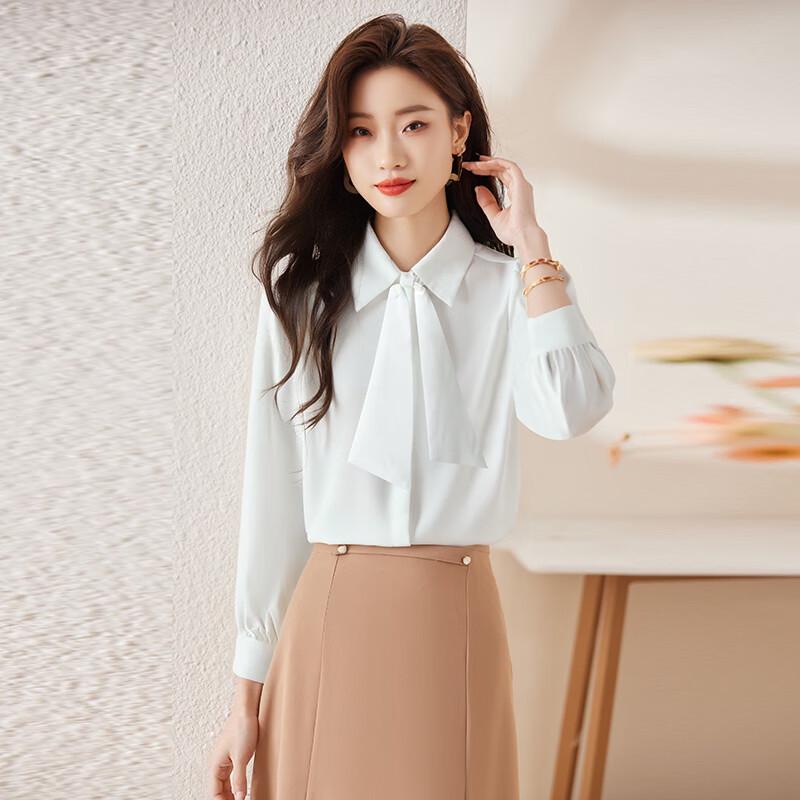 Troloman Women's Elegant Bow Tie Long Sleeve Blouse