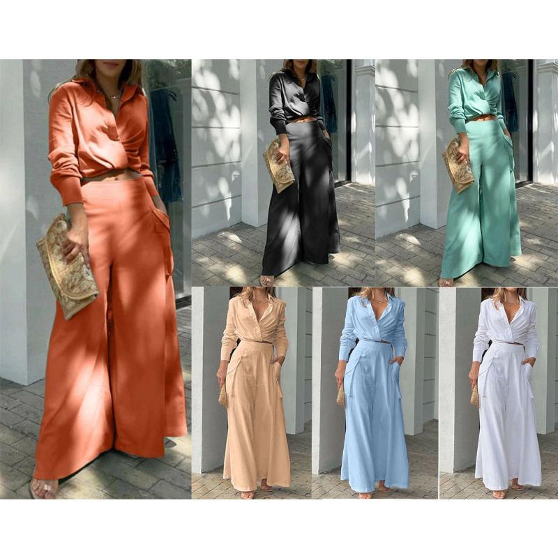 Women Casual Solid Color Long Sleeve Shirt High Waist Wide Leg Pants Two Piece Set