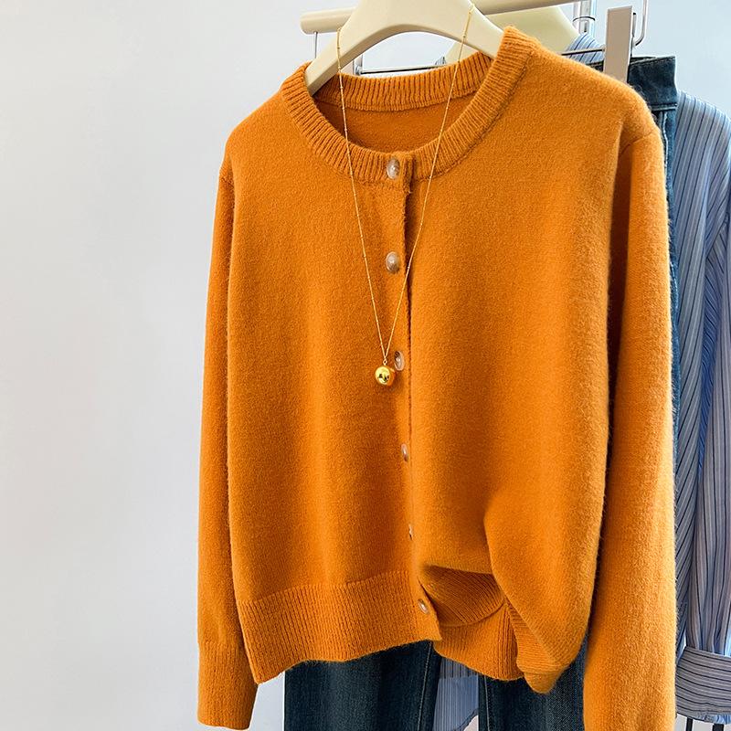 Orange Knitted Cardigan for Women In Autumn and Winter Inner Bottoming Blouse Latest Relaxed Fit Soft Glutinous Lazy Style Sweater Jacket One size