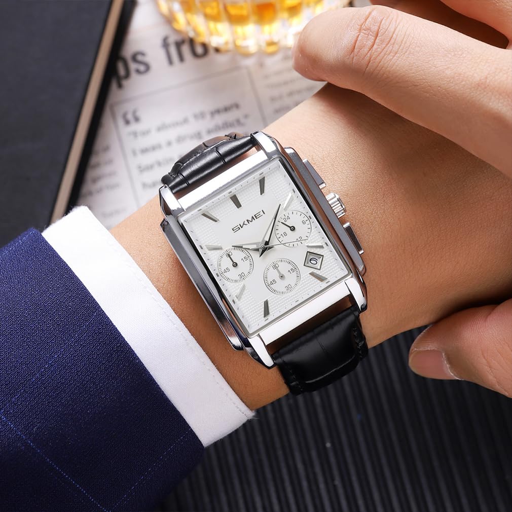 SKMEI Square Watch with Black Leather Stylish Luxury Silver Watch for Perfect for Gifts Men's Strap, Chronograph, Waterproof, Analog, Business/Casual,