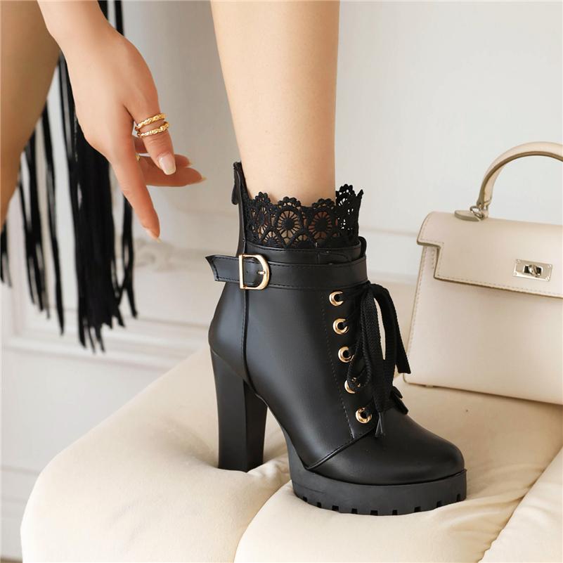FOREADA Woman Ankle Boots Round Toe Platform Chunky High Heels Buckle Zipper Lace-up Short Boot Lady Fashion Shoes Autumn Winter