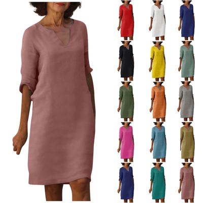 Women's Summer Retro Solid Color Cotton Linen V-Neck Half Sleeve Dress Light Breathable Dress