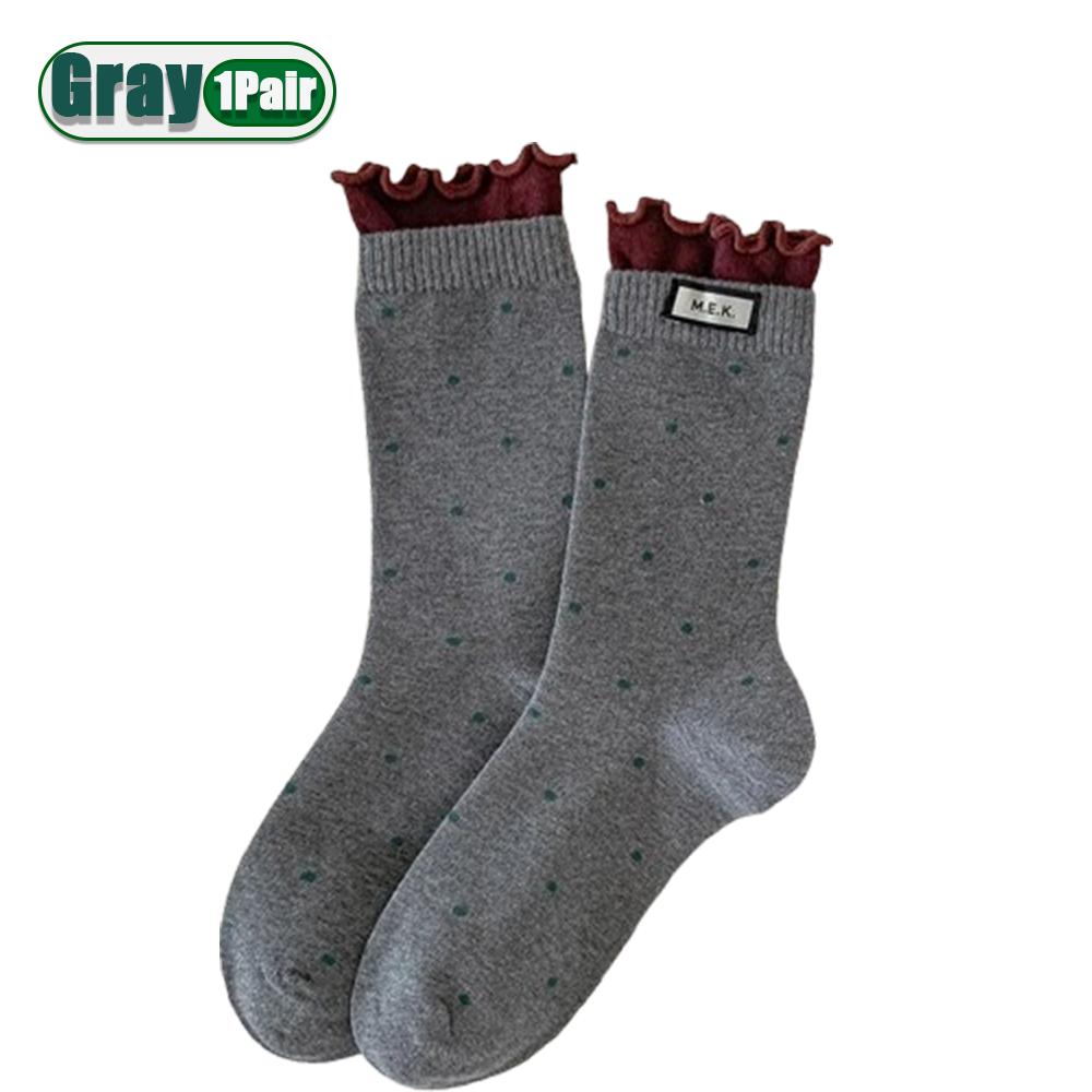 Women Cotton Long Socks Soft Breathable Cute Dots Frilly Edge Retro Preppy Style Comfortable Casual Fashion Socks For Everyday