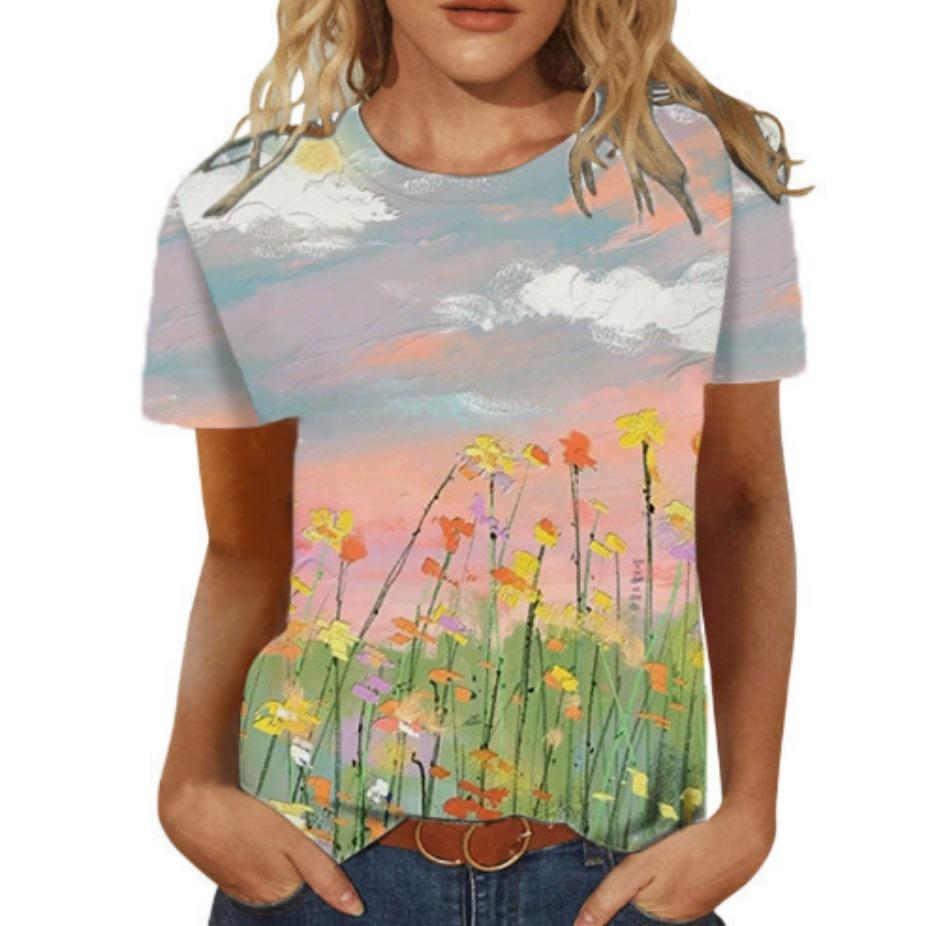 

Новая женская футболка с акварельным рисунком цветка, 3D-принтом, круглым вырезом и короткими рукавами, повседневная 6XL