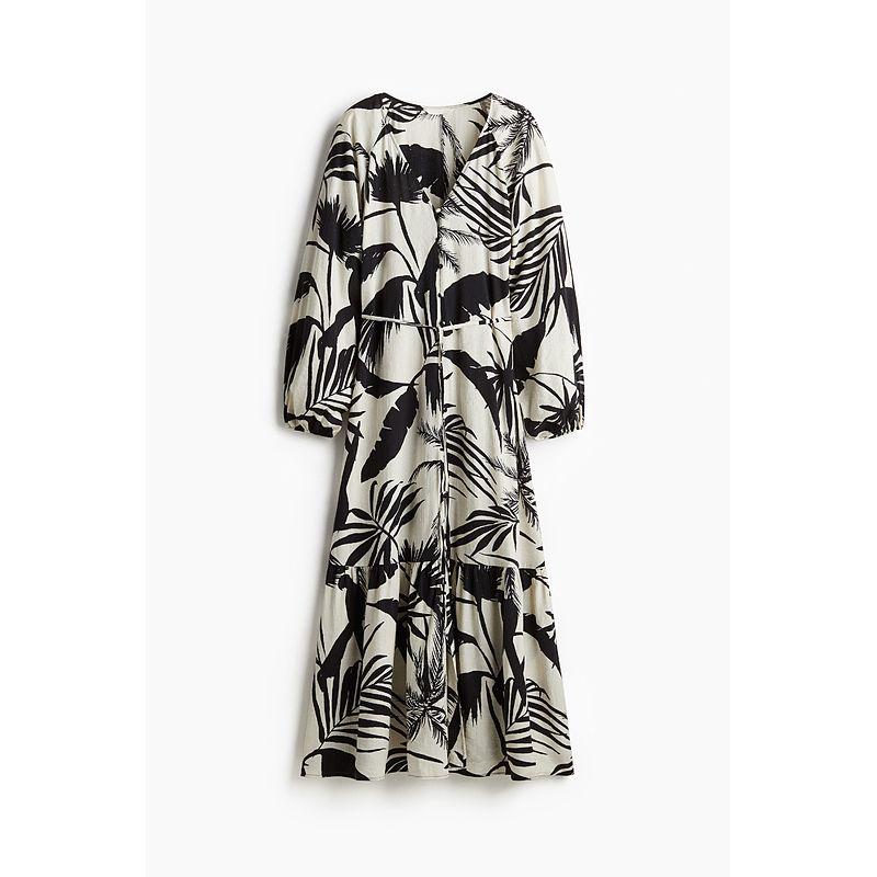 

HM Women s Clothing Dress Summer V Neck Waist Belt Crepe Woven Lantern Long Sleeve Plant Print Dress 1226566 Cream/Black pattern 150/76(XXS)