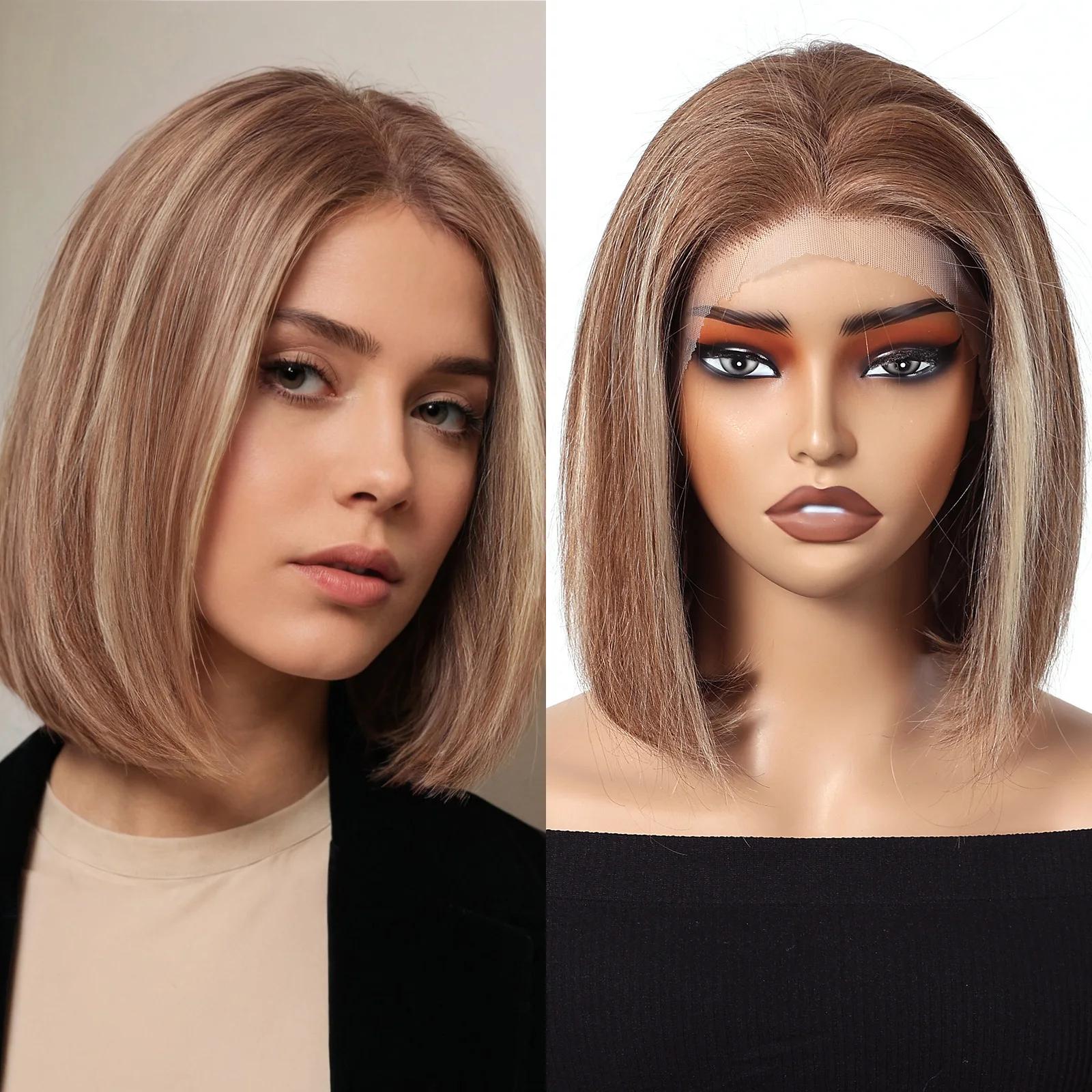 

HAIRCUBE Короткий боб, прямые человеческие волосы, кружевной фронтальный парик, коричневый, мелирование, блондинка, Remy, человеческие волосы, предварительно сорванный парик спереди, парик для женщин
