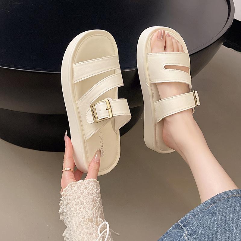 Fashion Slippers Woman Natural Cow Leather  Thick Bottom Brand Buckle Comfortable Fashion Slippers