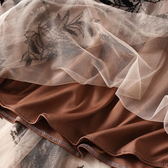 Women A-Line Skirt 3D Embroidered Leaf Print Double-Layered Mesh Tulle High Waist