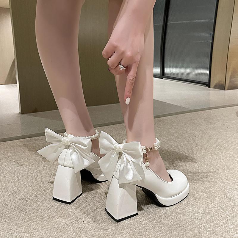 Autumn New Thick Heel Single Shoes Women's Round Head Shallow Mouth Butterfly Knot Beaded Platform High Heels