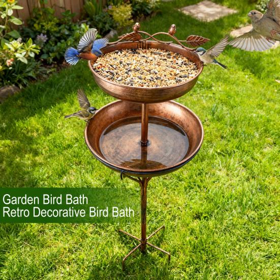 2-in-1 Vogelbad Metall Retro Vogelfutterhaus Garten Vogelbad und Futterspender mit Fünfzackfuß Große und kleine Schale für Außengarten Hofdeko