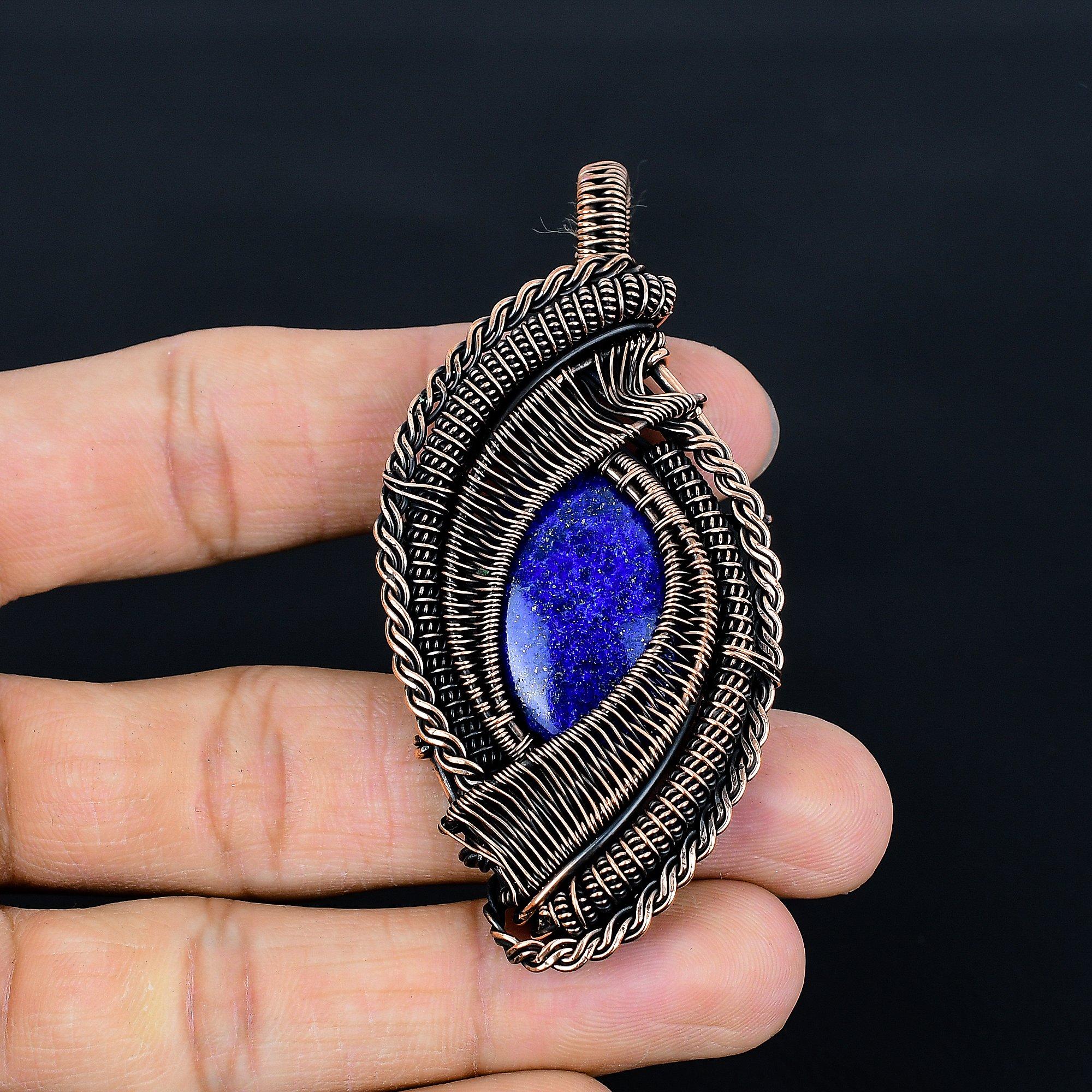 

Подвеска из лазурита, ювелирное изделие из драгоценного камня ручной работы, подвеска, обернутая медной проволокой 999 пробы, ювелирная подвеска уникального дизайна 2.95 Inches синий