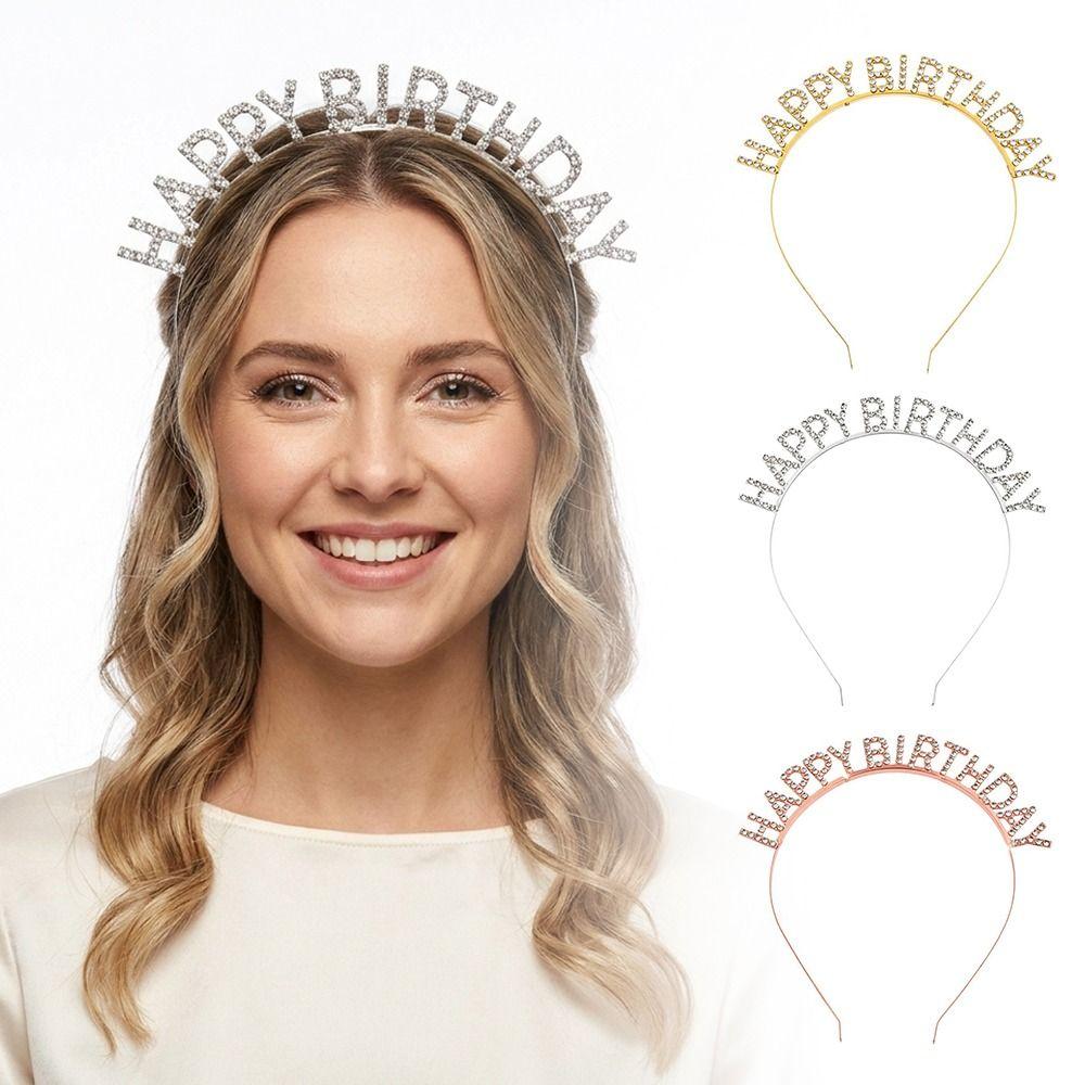 Metal HAPPY BIRTHDAY Headband Glitter Rhinestone Princess Hairbands Birthday Decoration