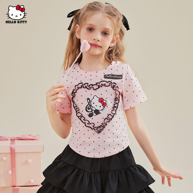 Hello Kitty Girls' Short-Sleeved T-Shirt Summer 2025 New Heart-Shaped Cute Cartoon Half-Sleeved Kidsren's Summer Top