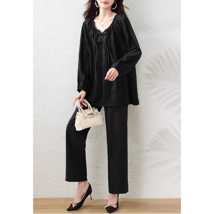 Elegant Plus Size Black Blouse for Women In Loose New Chinese Style with Long Sleeves