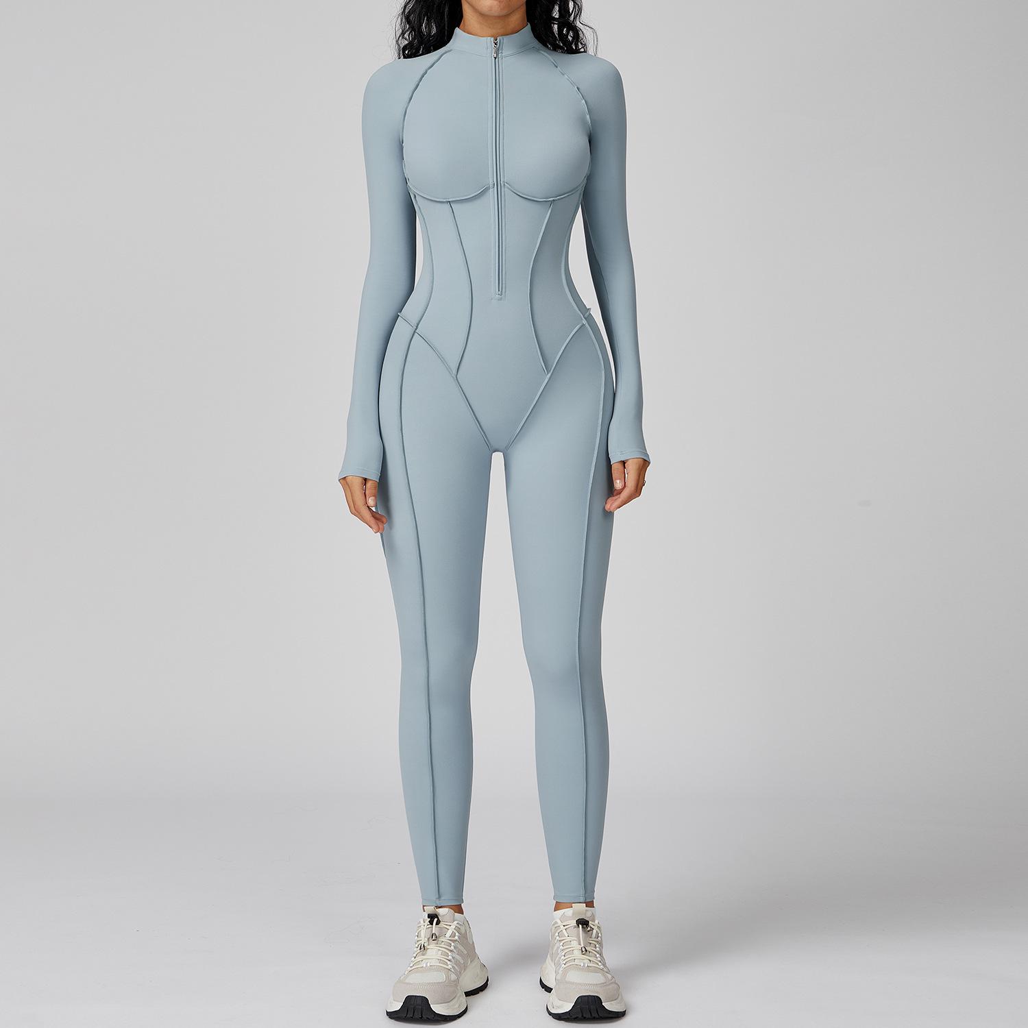 Gestreifter Jumpsuit mit Stehkragen für Damen: Fitness- und Yoga-Oberteil mit halbem Reißverschluss für hochintensiven Sport Large gray