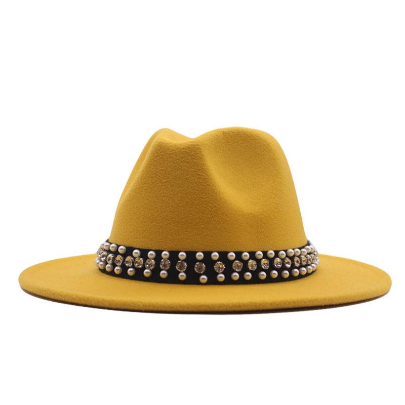 European and American Style Spring and Autumn Winter Imitation Felt Big Edge Hat British Retro Woolen Top Hat Women's Pearl Rhinestone Ribbon Jazz Hat