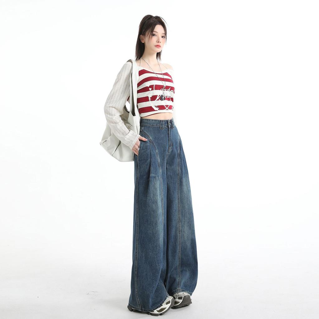 Early Spring Vintage High Waist Drape Elastic Waist Relaxed Wide Leg Denim Pants For Pear Shaped Body Ladies Casual Pants Oversize Denim Trousers