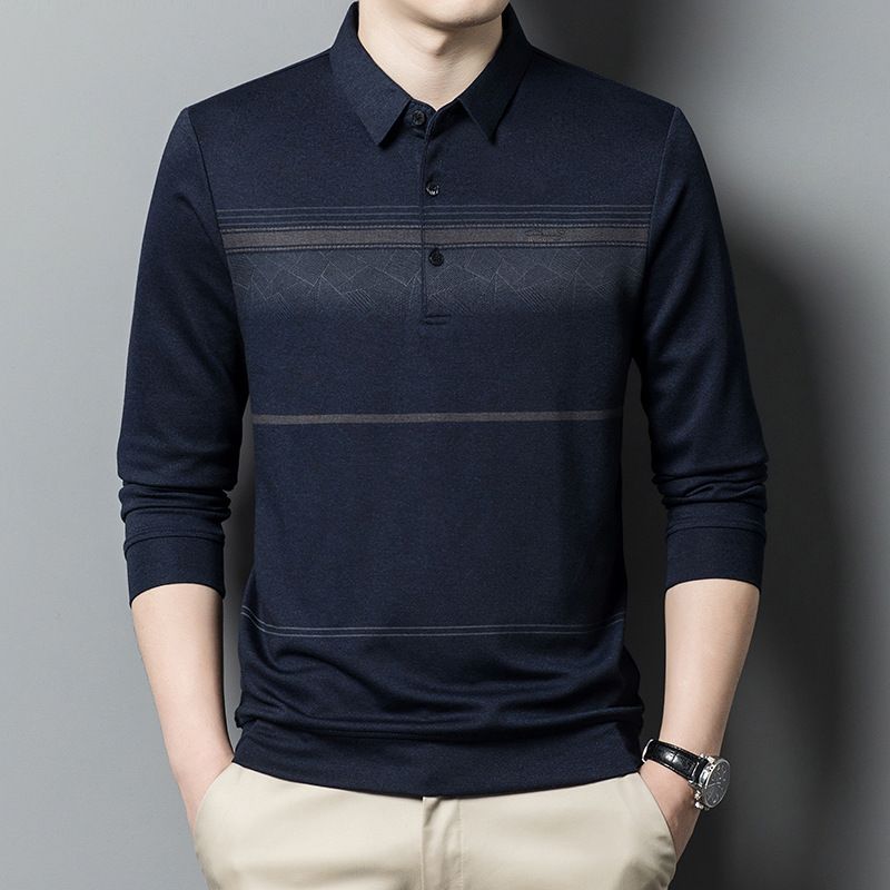 Long-sleeved T-shirt Men's Lapel Striped Top Spring and Autumn New Style Middle-aged Casual
