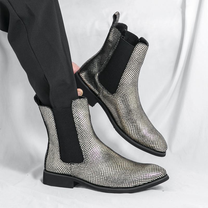 Męskie Złote Botki Chelsea Botki Motocyklowe Retro Street Style Srebrne Buty Wizytowe Smokingowe Ślubne Buty Męskie Botki do Kostki Duży Rozmiar