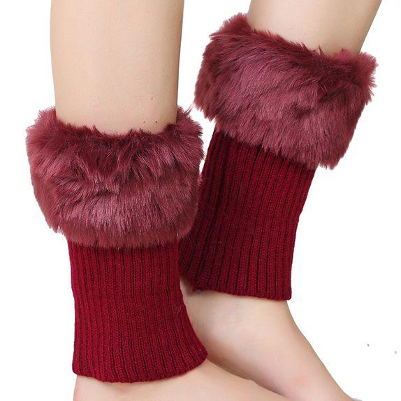 Womens Short Fold Over Knit Leg Warmers Boot Cuffs Faux Fur Trim Winter Warm Socks Footwear Accessories