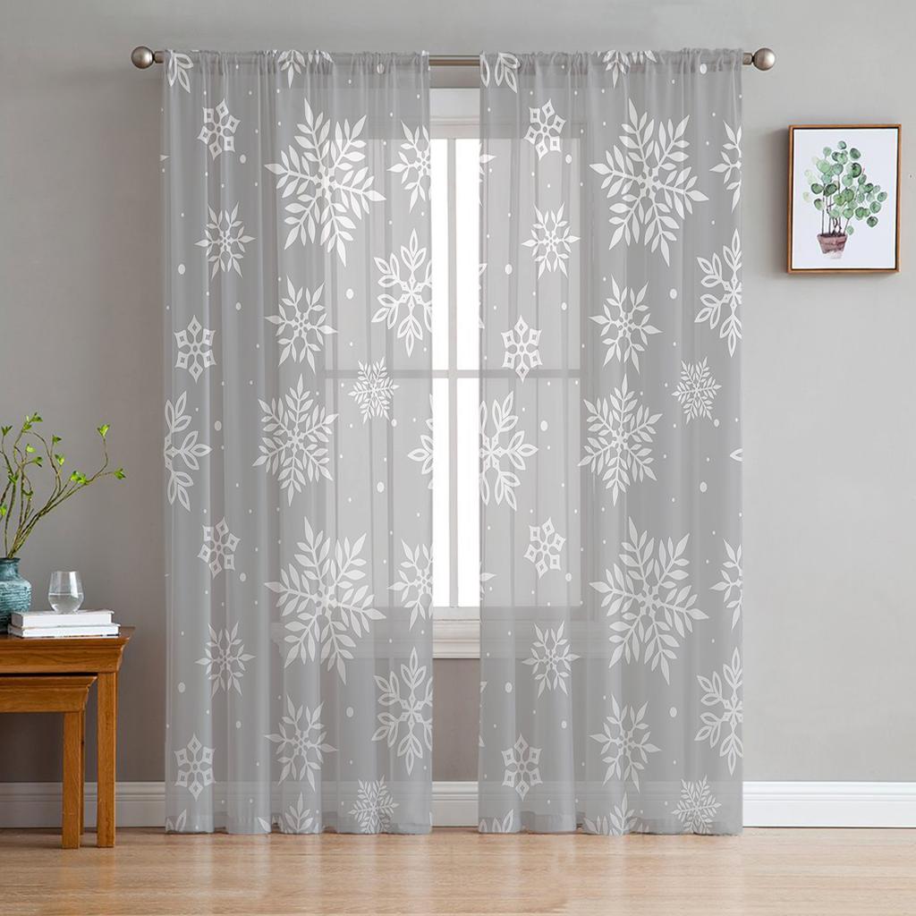 Christmas Snowflake Texture Tulle Window Treatment Sheer Curtains for Kitchen Living Room The Bedroom Curtains Decoration
