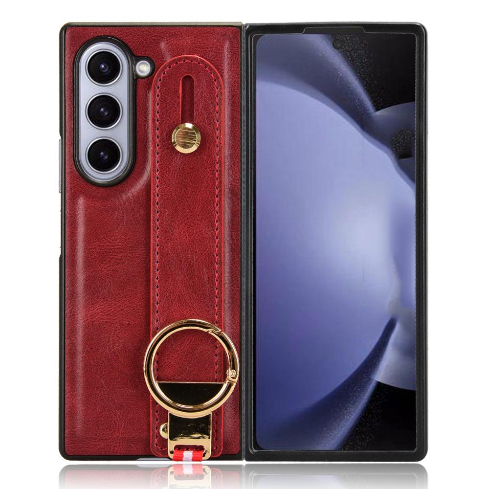 

For Samsung Galaxy Z Fold6 5G Case Leather+PC+TPU Wristband Cover with Bottle Opener Ring Red