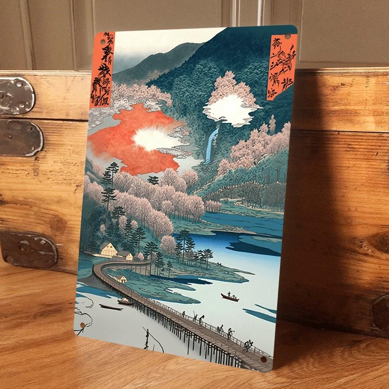 

1 piece of Ukiyo-e style landscape tin painting plaque, Japanese traditional home decoration, living room, entryway wall art mur (as the picture,20x30cm)