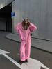 Street Style Casual Set Long Sleeve Zip Up Hoodie Jacket with Drawstring Wide Leg Pants 2 Piece Outfit