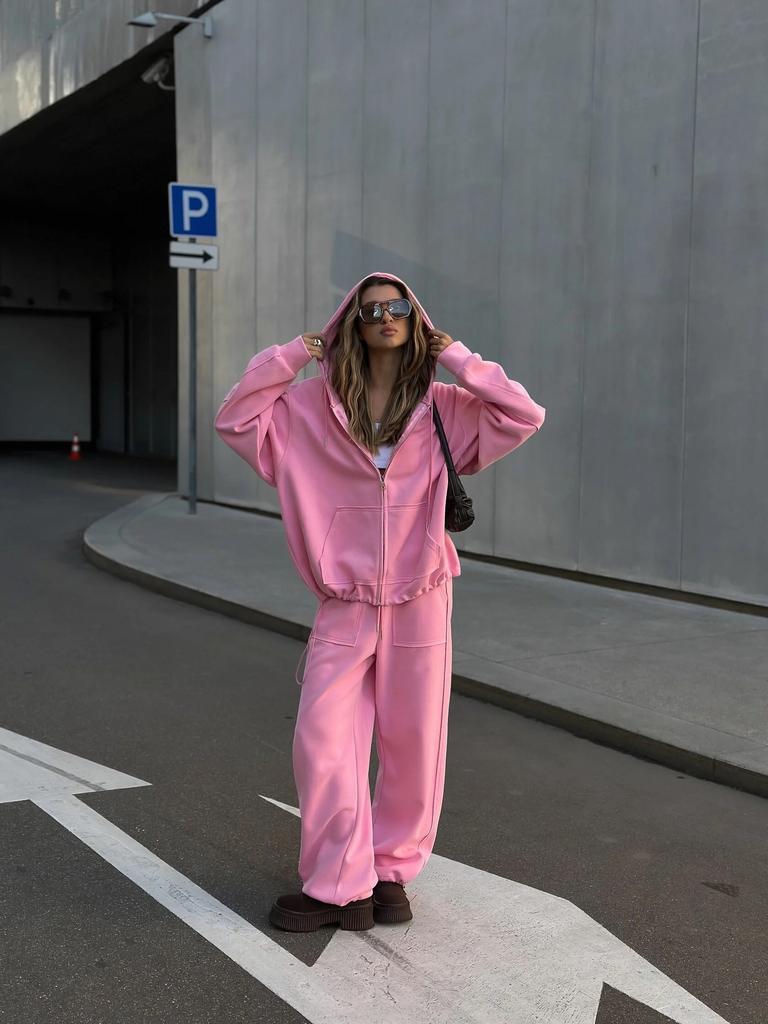 Street Style Casual Set Long Sleeve Zip Up Hoodie Jacket with Drawstring Wide Leg Pants 2 Piece Outfit