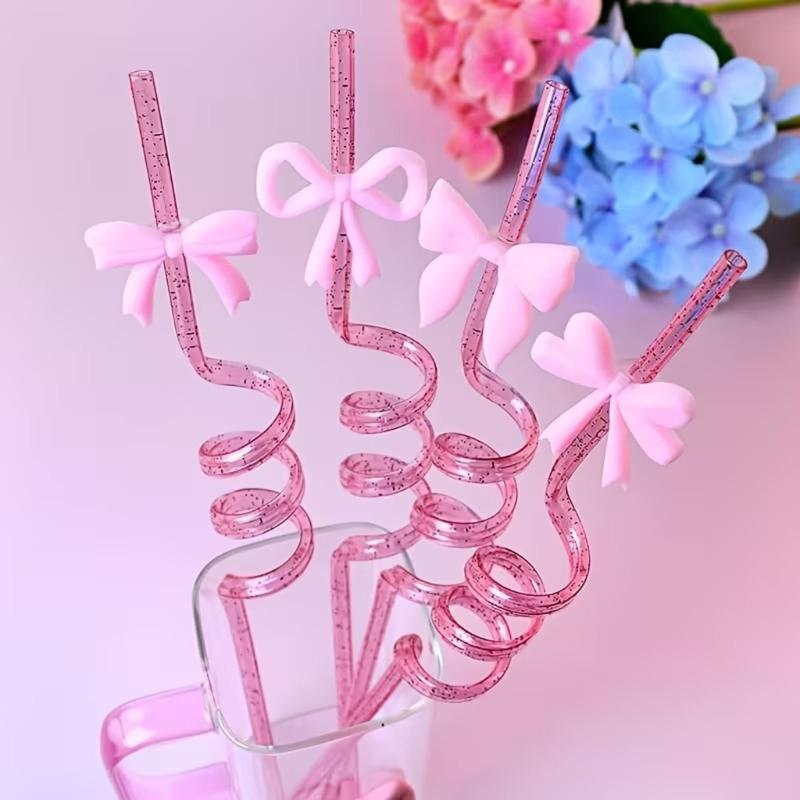 12PCS Pink Decorative Bows Spirals Straw With Detachable Design For Juice Cocktails And Milkshakes