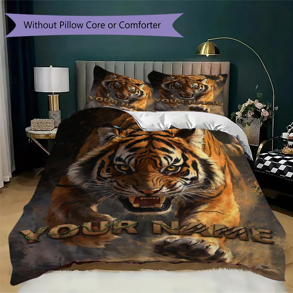 Custom Name White Tiger Artwork Bedding,Quilt Set Quilt Cover Pillowcase Home Birthday Gift(1 * Duvet Cover + 2 * Pillowcase, Without Core)_lx