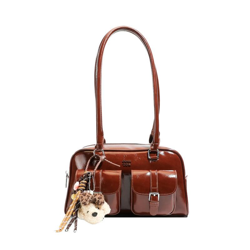 Retro Pu Leather Bowling Bag For Women With Zipper Closure And Inner Pockets