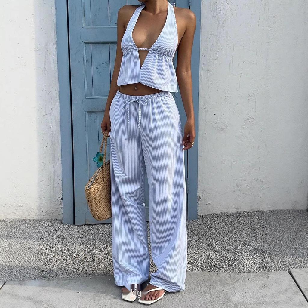 2026 Cross-Border Summer Striped V-Neck Vest & Straight-Leg Pants Set