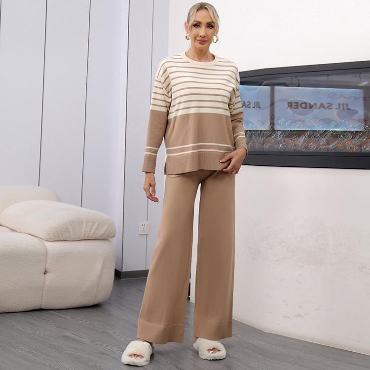 Otoño Invierno Mujer Casual Rayado Punto Suéter Pantalón Conjunto de Dos Piezas Manga Larga Jersey Tops y Pantalón de Pierna Ancha Chándal