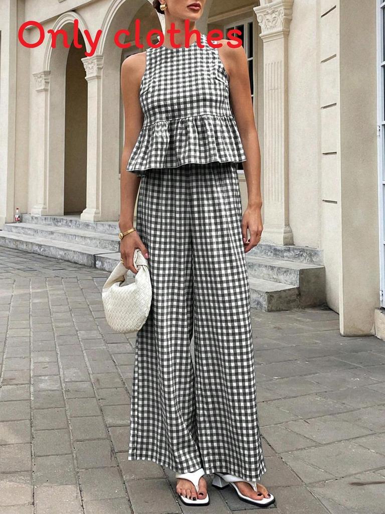 Casual Plaid Sleeveless Twopiece Set With Ruffle Hem For Women Spring Summer Comfort