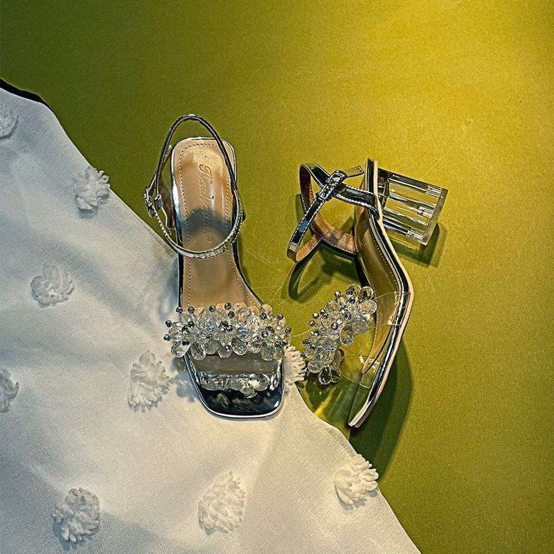2025 Super Fire Sandals Fashion Rhinestone Word with Silver Thick Heel Square Head Crystal High Heels Women's Summer Skirt