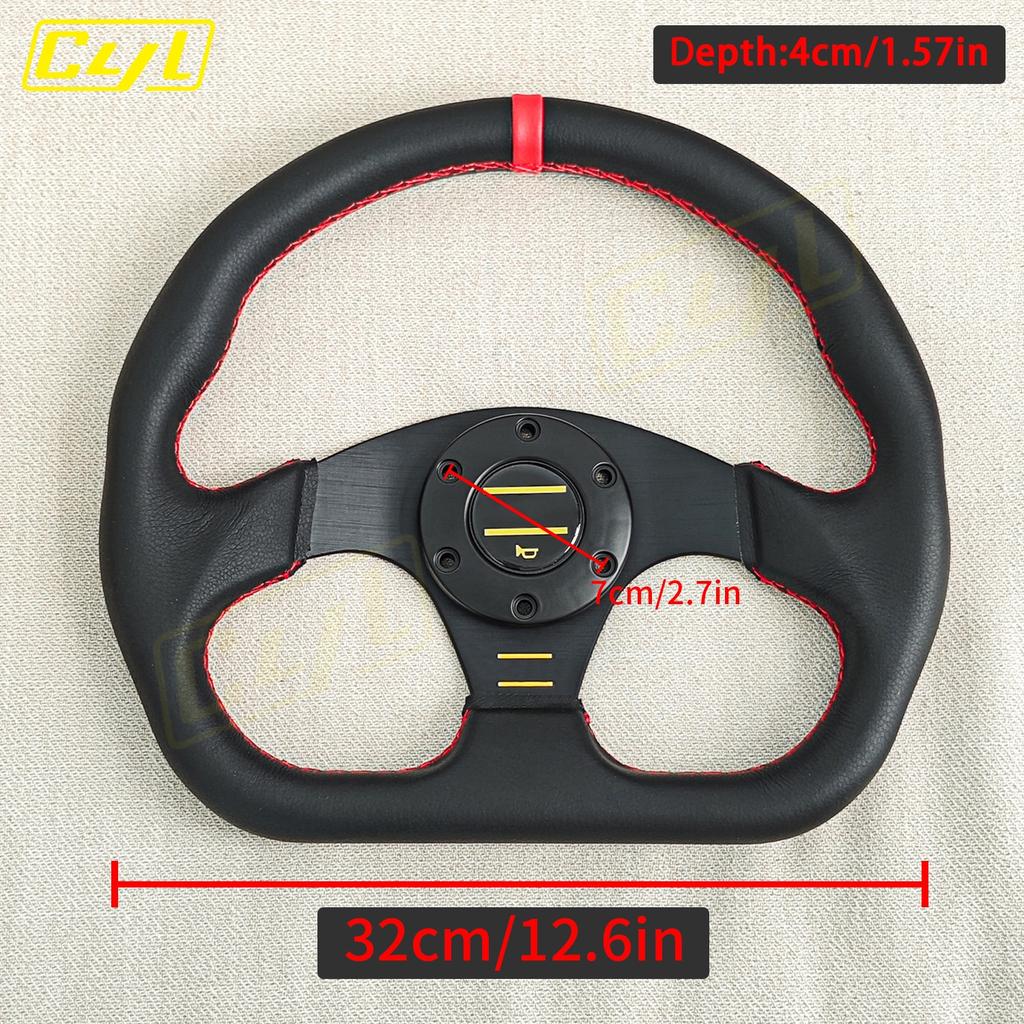 JDM D Shape Red Stitching Leather Steering Wheel Flat Dish Racing Sports Gaming Steering Wheel