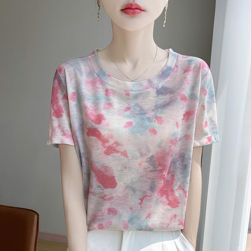 Spring and Summer Round Neck Knitted Short Sleeve T-shirt Women's Printed Loose Bottoming Top