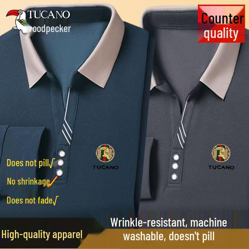 Woodpecker Men's Long-Sleeve Solid Color Polo Shirt with V-Turn Collar for Spring and Autumn.