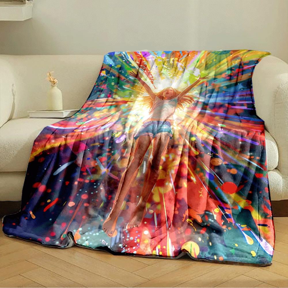 Radiating colorful bursts surrounding a person in a dynamic pose. for all seasons blanket lunch break throw gift