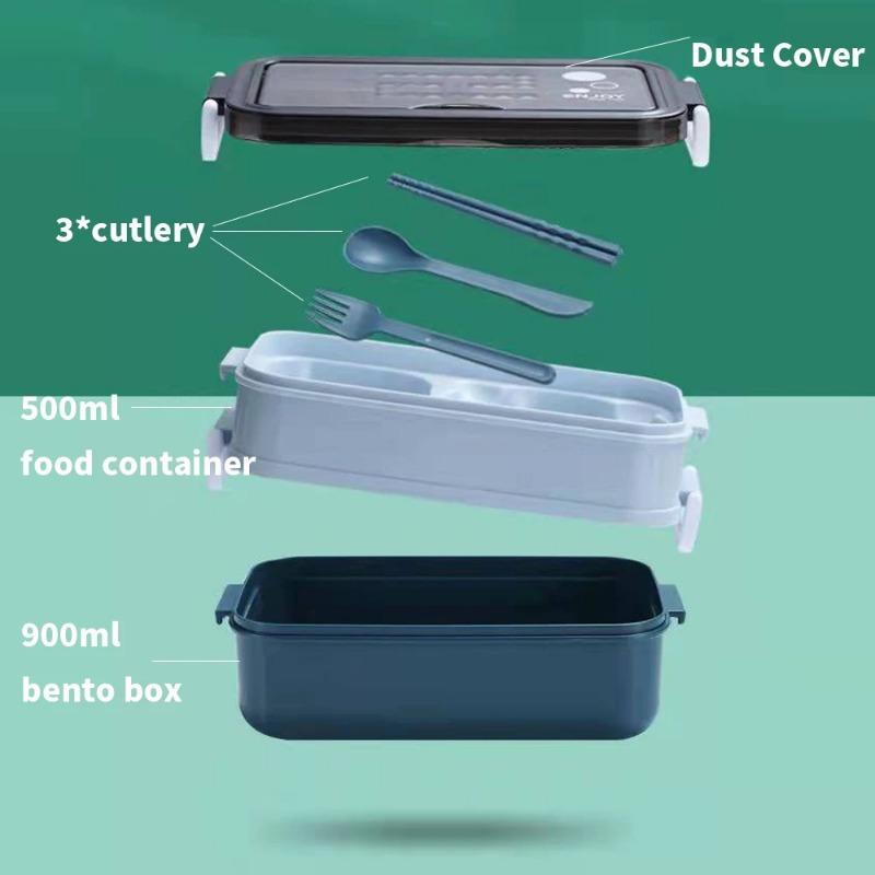 1PC 1400ml Double-layer Lunch Box Portable Compartment Food Box Microwave Lunch Box With Fork Chopsticks And Spoon Picnic Fresh