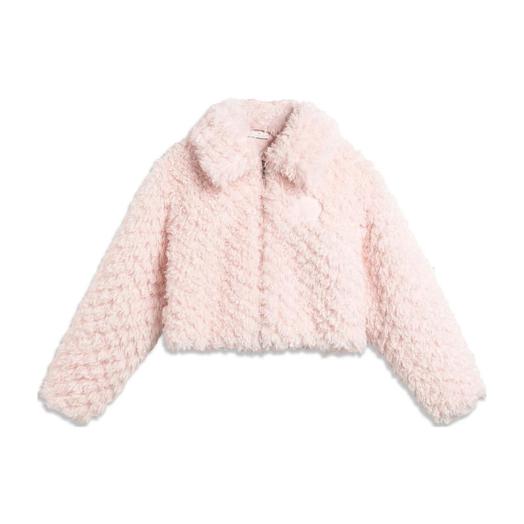 Li Ning X League Of Legends Collaboration Poro Solid Color Lapel Faux Shearling Loose Knit Jacket Women outerwear Light-Pink AFDT948-2