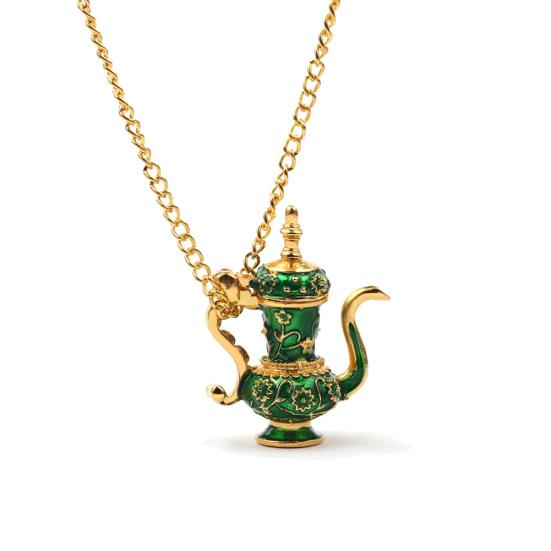 Vintage Enamel Green Teapot Pendant Long Chain Women Sweater Necklace Jewelry