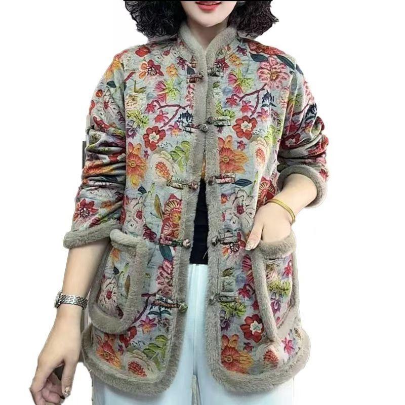 Autumn Winter Floral Print Cotton Coat Women Fleece Warm Jacket Parkas Long Sleeve Single Breasted Design Windproof Outerwear