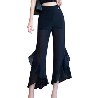 Women's Summer Chiffon Mesh Flare Cropped Pants Women's Slim Casual Vintage High Waist Chiffon Loose Pants Capris Solid Loose