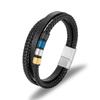 Mens Minimalist Multi-Layer Braided Leather Bracelet Stainless Steel Cuff Geometric Design Adjustable Size
