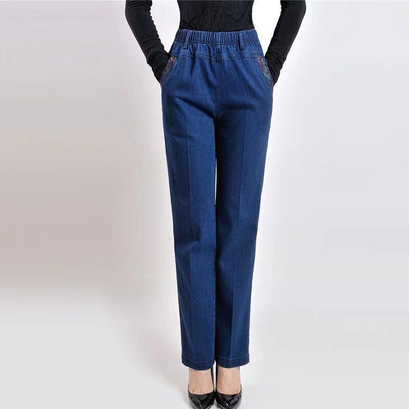 GMXIA Middle-aged and Elderly Women's Pants, Spring and Summer Mom Jeans, Large-sized Stretch, High-waisted, Loose Harem Straight-leg Pants