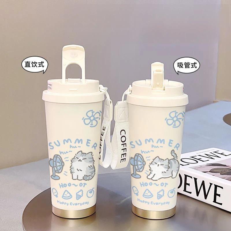 520ml Cute Cartoon Cat Insulated Cup High Appearance Stainless Steel Straw Cup Cold And Hot Insulation Double Drinking Cup
