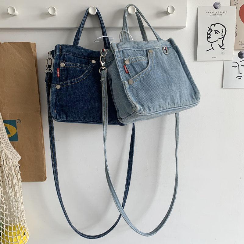 Simple Design Women's Denim Shoulder Messenger Bag Solid Color Ladies Handbags with Pocket Vintage Female Girls Small Tote Bags